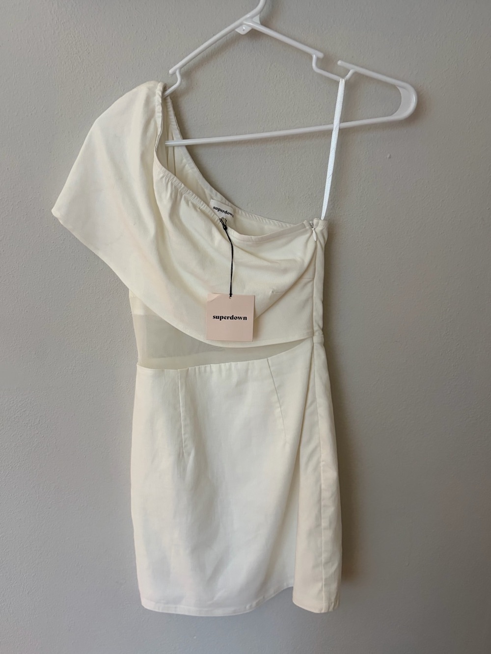 superdown One-Shoulder White Mini Dress with Draped Ruffle